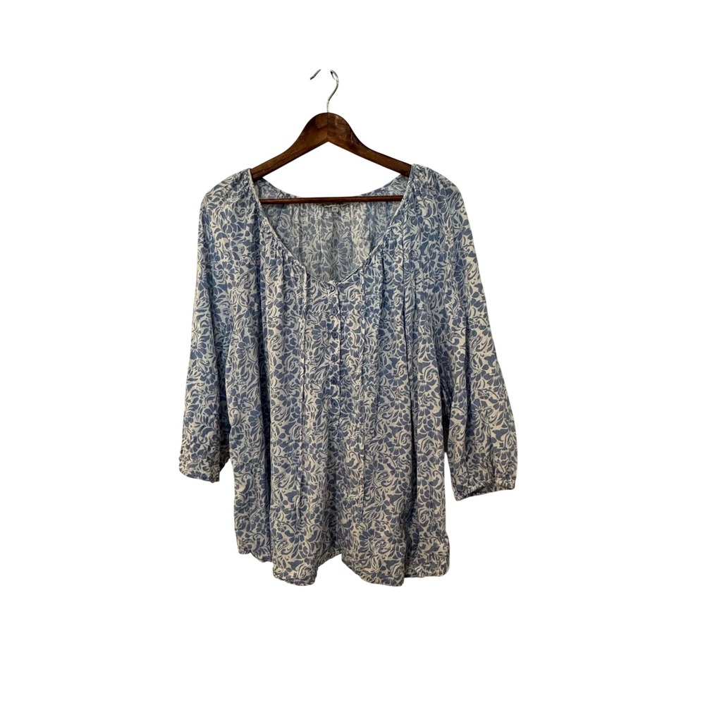 Rose & Rhyme Floral‎ Blouse Womens 2X Blue White Boho Button Tie Neck Excellent